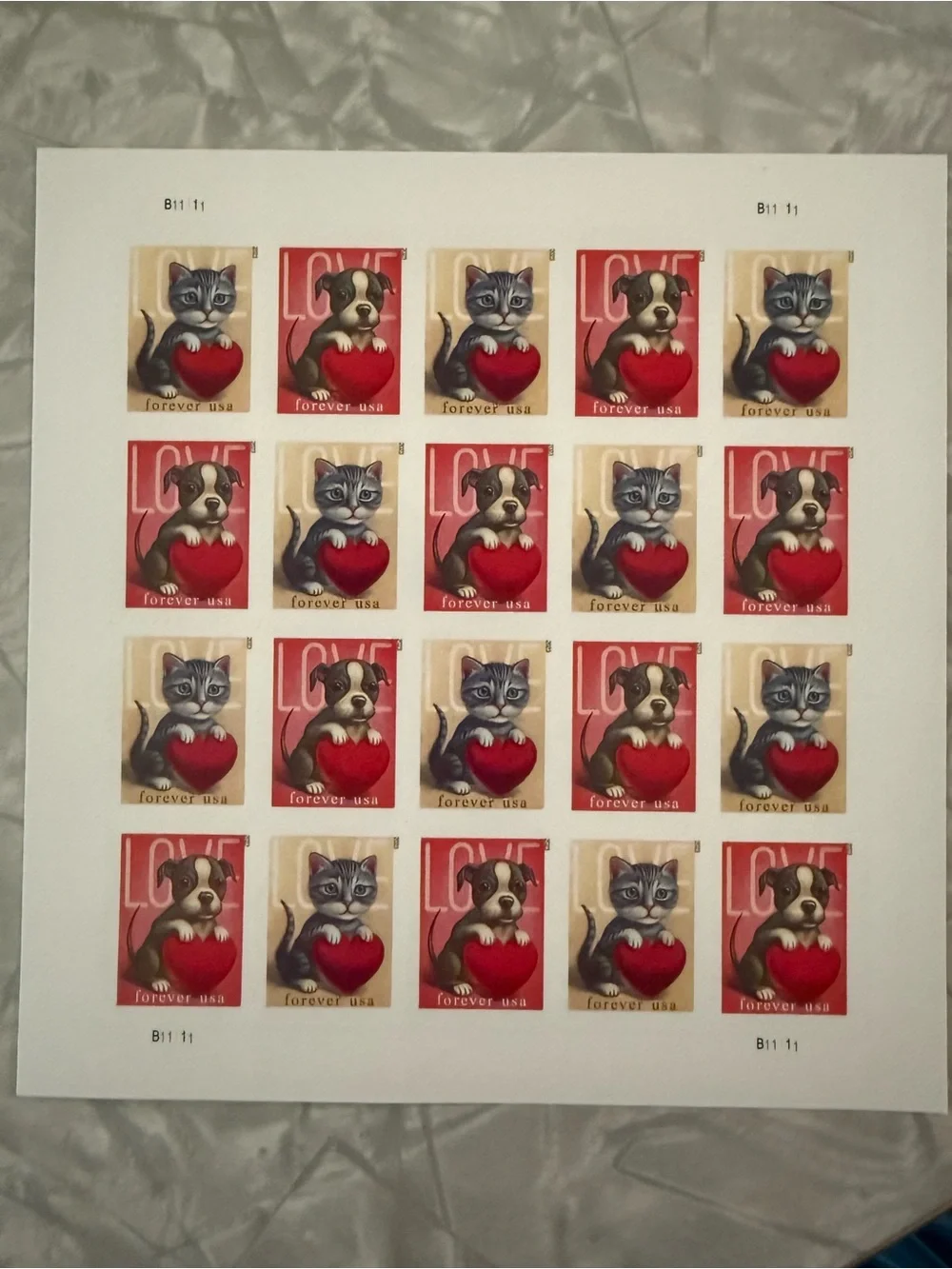 Cute Cat & Puppy Heart Forever USA Stamp Sheet - Red & Cream